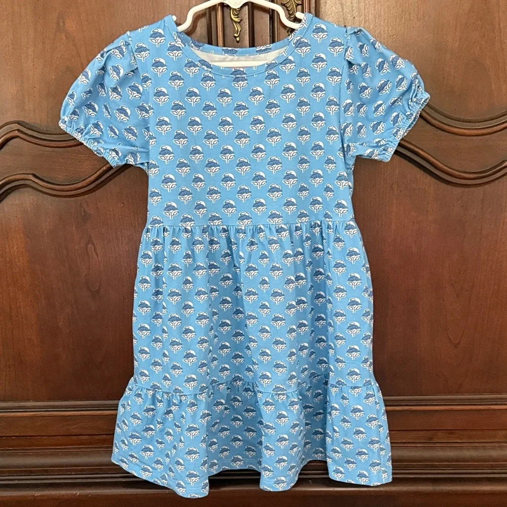 BISBY Girls Blue Print Dress Size 5 Puff Sleeve Cotton Boutique Dress